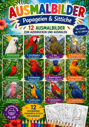 Ausmalbilder Papageien und Sittiche, ab 10 Jahren