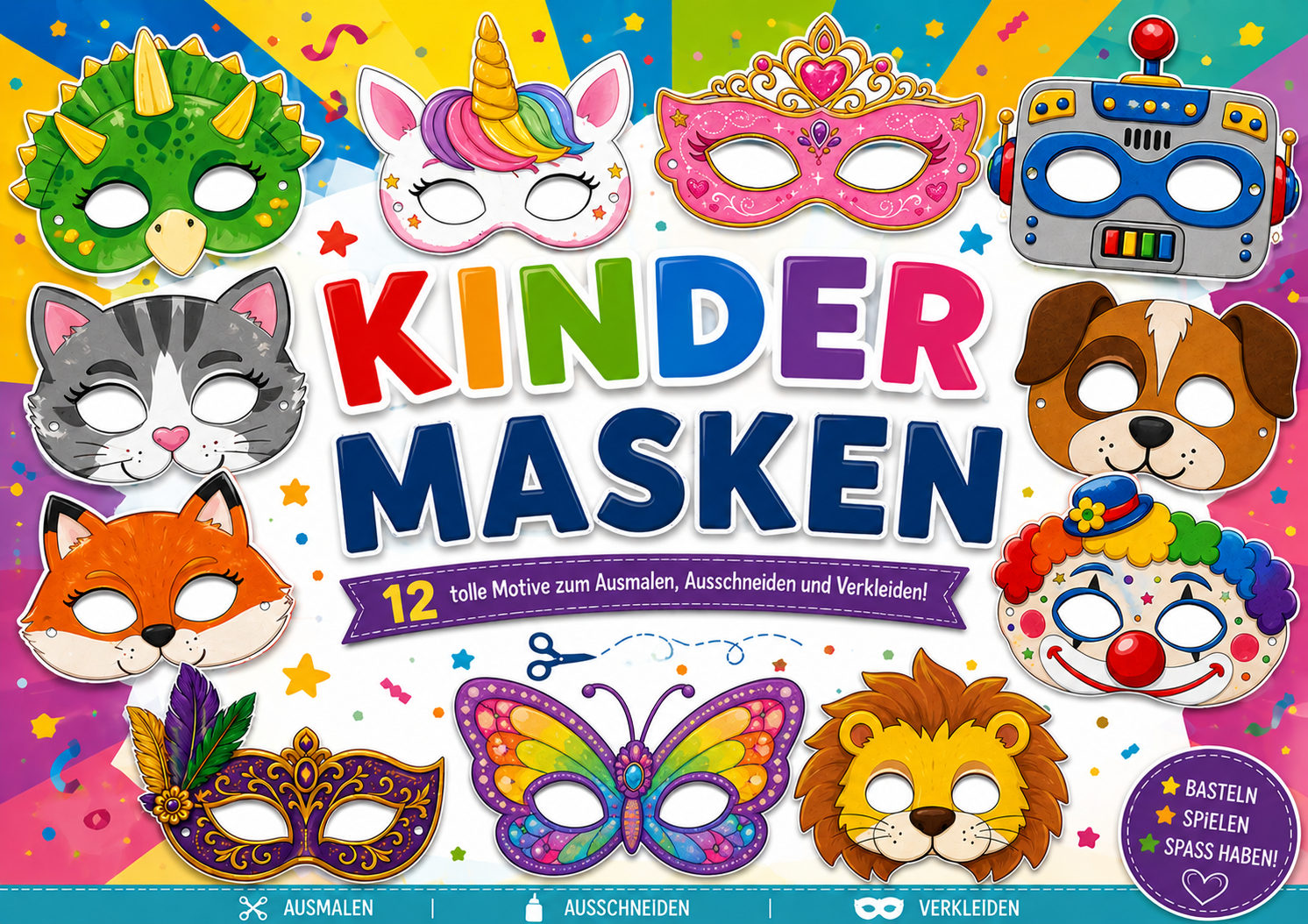 Bunte Kindermasken zum Ausschneiden – lustiger Bastelspass